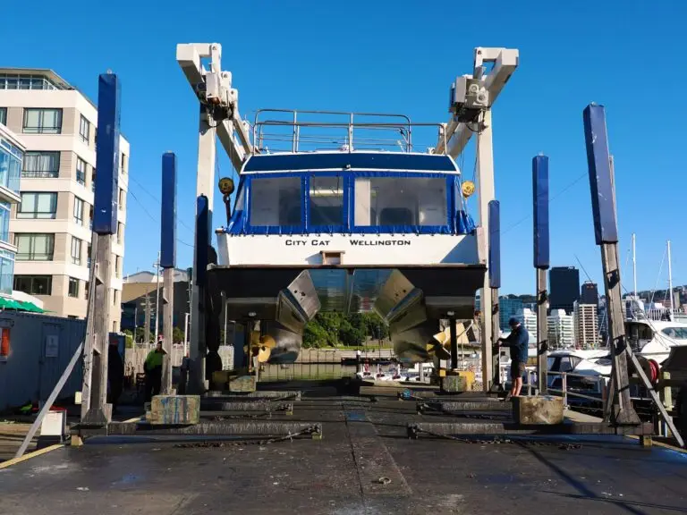 A launch lifted out of the water in the Chaffers Marina boat lift