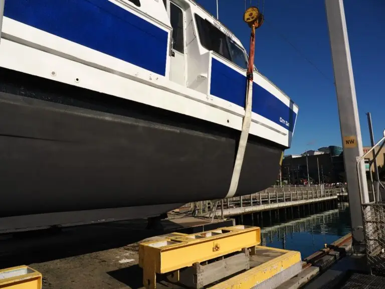 A yacht standing on the hardstand at Chaffers Marina