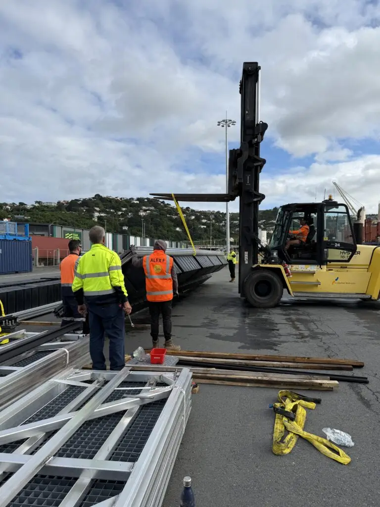 Pier A replacement: Pontoon frames and forklift on quayside, 15 October 2024