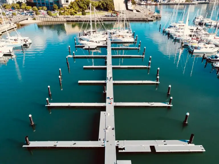 Aerial view of a newly replaced pier at Chaffers Marina
