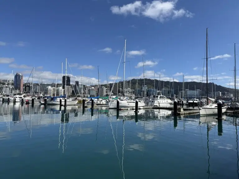 Yachts reflected in calm water at Chaffers Marina with the Wellington city skyline behind