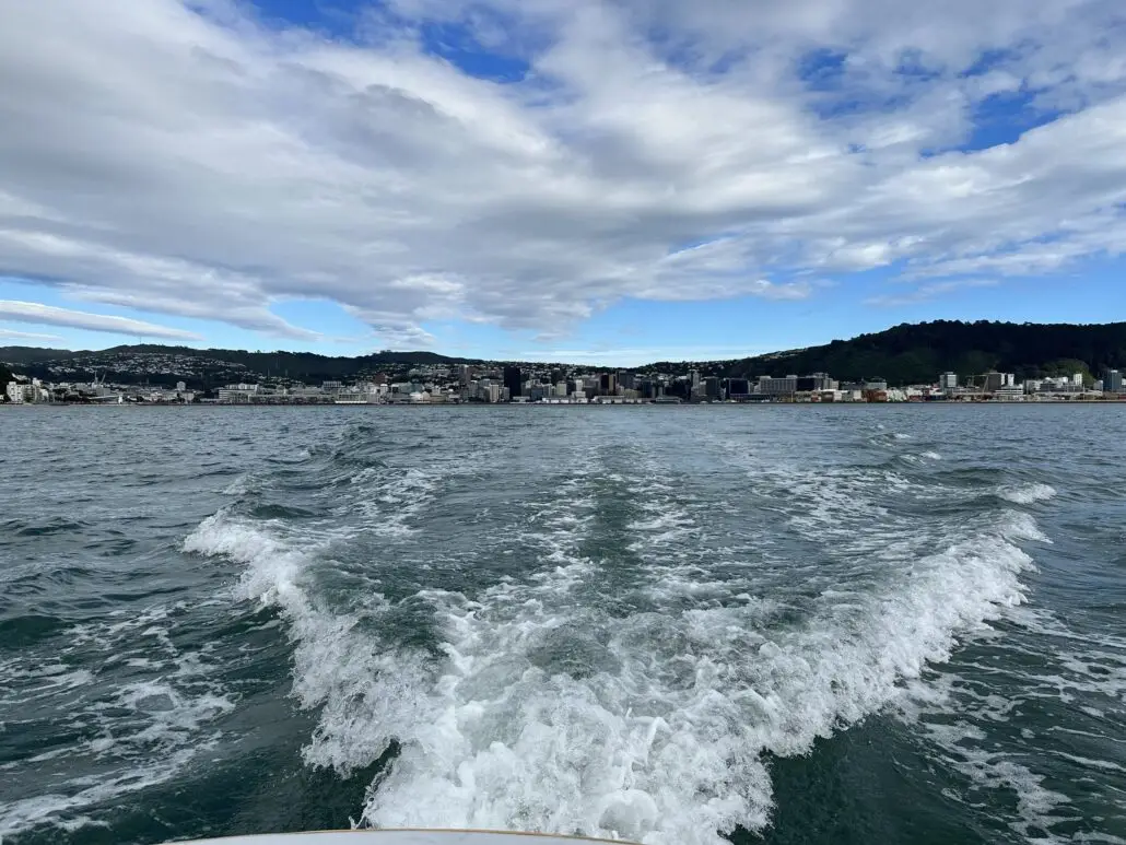The wake of a boat heading out across Wellington harbour, with the city behind