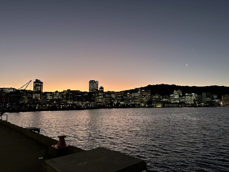 Wellington city lights at dusk, seen across the harbour from the waterfront