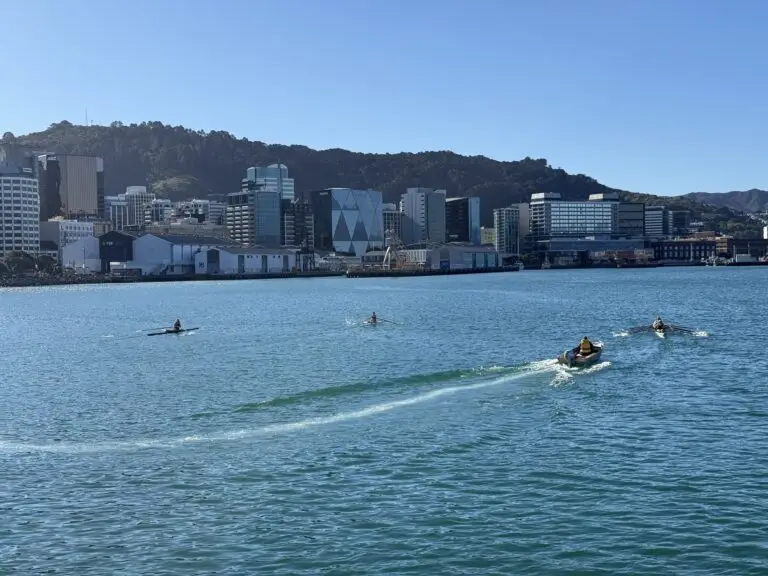 Rowers and a support boat on Wellington harbour, with the city and Mt Victoria behind