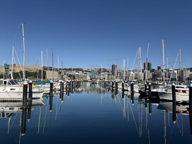 Yachts moored at Chaffers Marina reflected in still water, with Te Papa and the Wellington city skyline behind