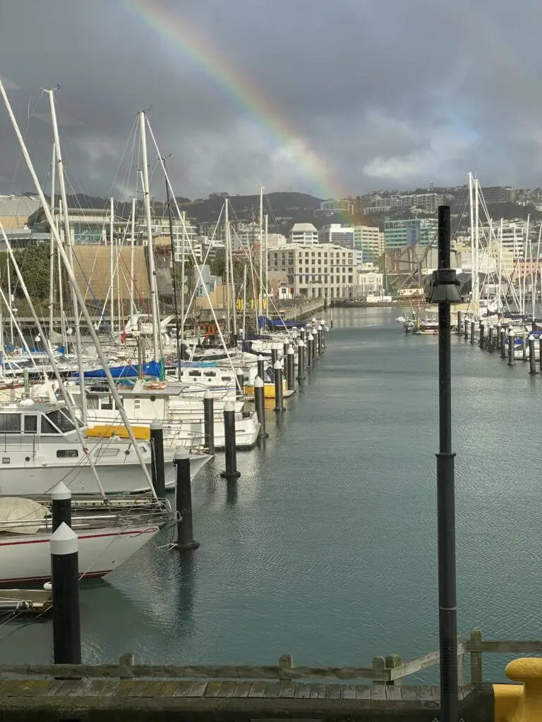 A rainbow over yachts berthed along a pier at Chaffers Marina, with the city behind