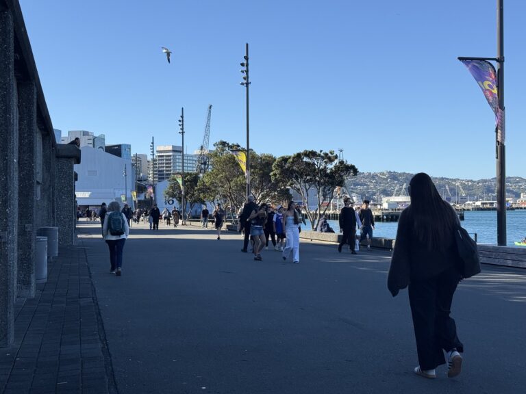 People walking along the Wellington waterfront promenade near Chaffers Marina