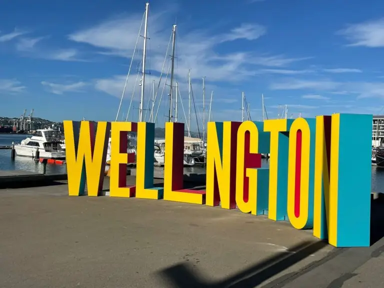 The colourful WELLINGTON sign on the waterfront beside Chaffers Marina